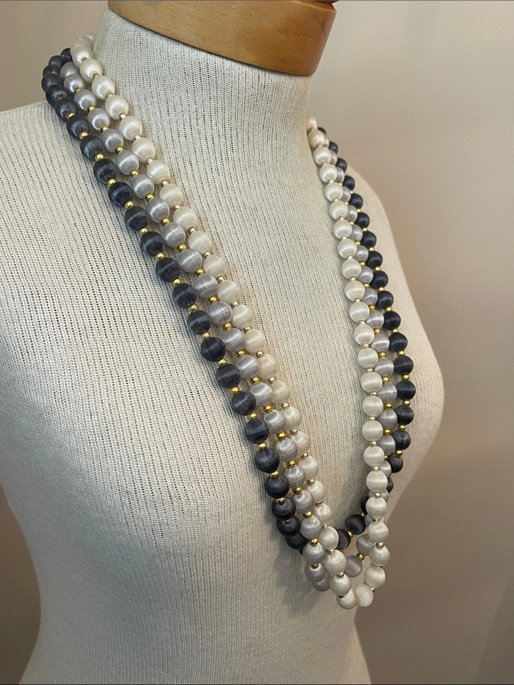 Vintage 3 Necklaces with Spun Silk Satin Beads Gold Tone Spacers 30 In. Approx